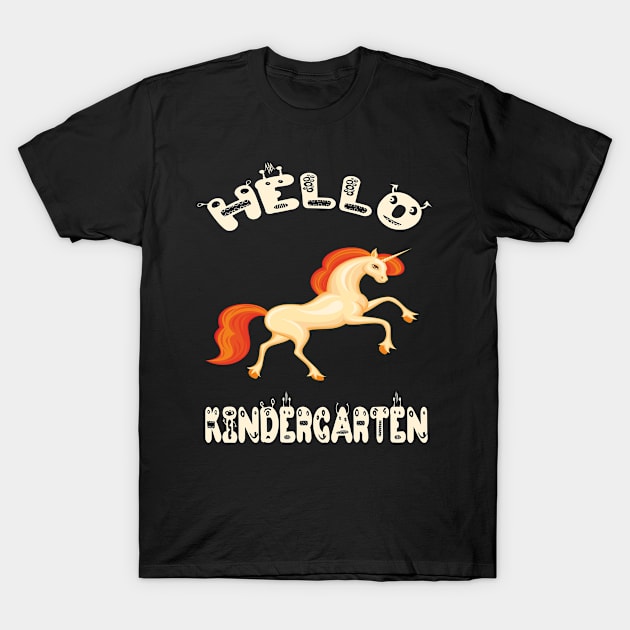 Hello Kindergarten Colorful Unicorn Back-To-School Preschool Design T-Shirt by familycuteycom